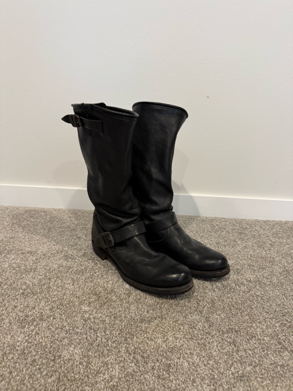 Frye Black Leather Lace-Up Mid-Calf Boots